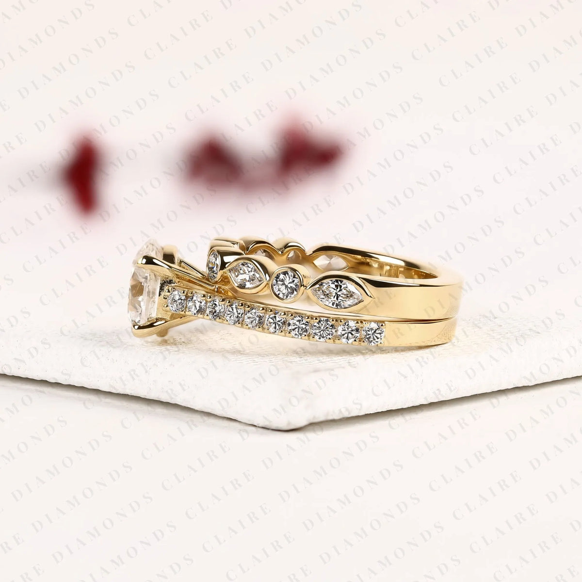 round cut moissanite diamond engagement ring set | yellow gold bezel accent wedding band | modern two-tone bridal ring set