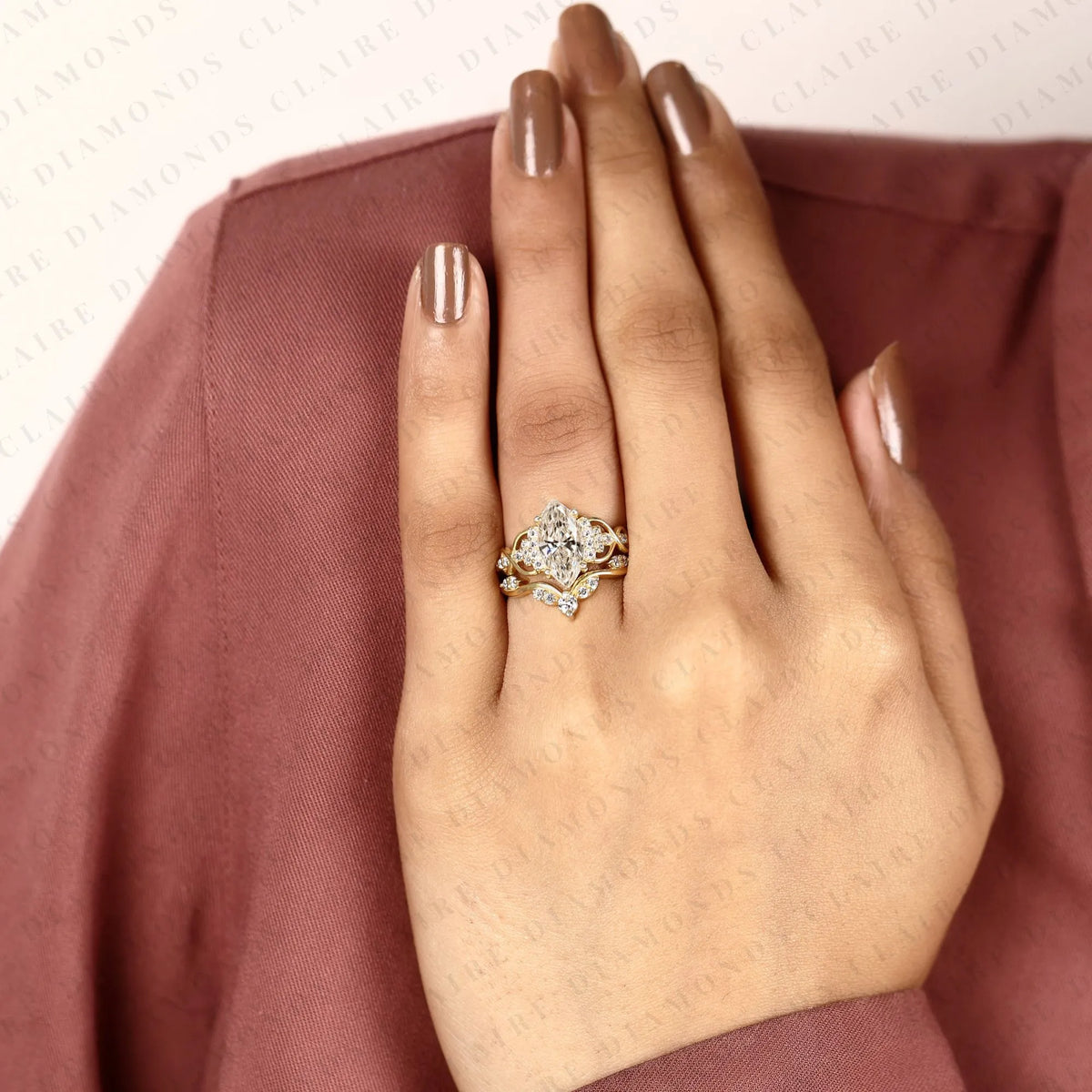 marquise cut lab grown diamond engagement ring | nature inspired floral vine gold ring | pavé bridal ring with matching wedding band