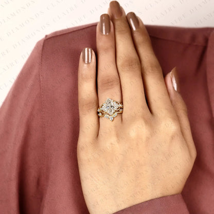 Marquise Cut Lab Grown Diamond Engagement Ring | Nature Inspired Floral Vine Gold Ring | Pavé Bridal Ring with Matching Wedding Band