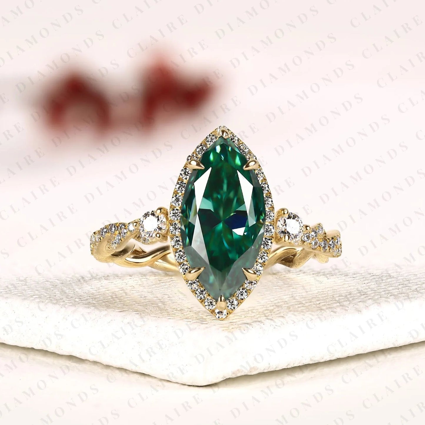 marquise cut green lab grown diamond halo engagement ring | twisted vine halo yellow gold nature-inspired engagement ring