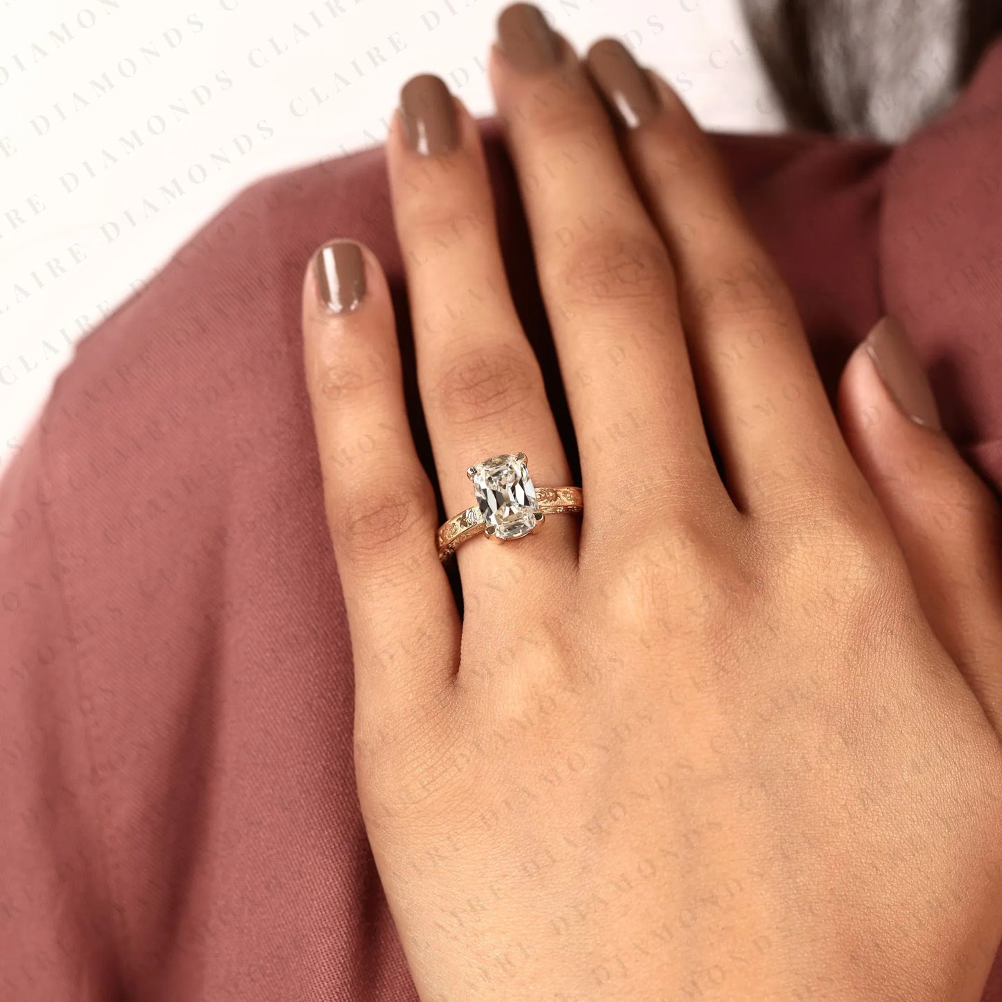 vintage old mine cushion cut solitaire lab grown diamond ring | floral engraved yellow gold engagement ring