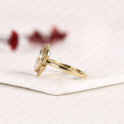 Marquise Cut Moissanite Diamond Engagement Ring Floral Halo Gold Vintage Inspired Wedding Ring