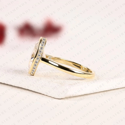Oval Lab Grown Diamond Bezel Set Engagement Ring, Solitaire Gold Wedding Ring, Hidden Halo Ring, Minimalist Anniversary Ring