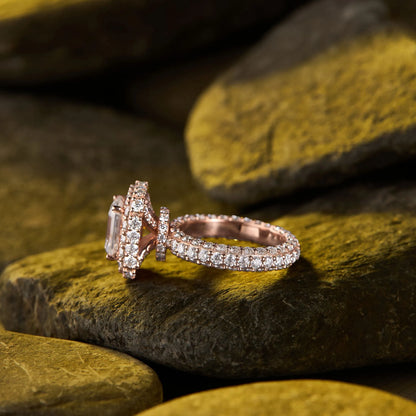 Luxury Vintage Emerald Cut Halo Lab Grown Diamond Engagement Ring with Pavé Band in Gold