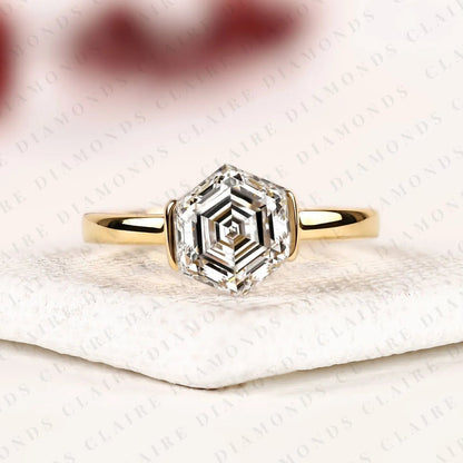 Hexagon Cut Moissanite Diamond Engagement Ring, Bezel Set Solitaire Ring, Minimalist Gold Bridal Ring, Modern Geometric Wedding Ring