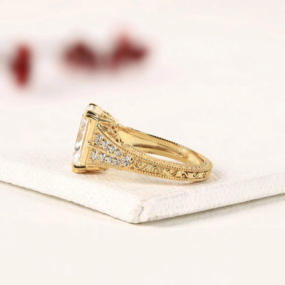 Radiant Cut Moissanite Diamond Engagement Ring Vintage Milgrain Split Shank Pave Diamond Ring Unique Bridal Ring for Women