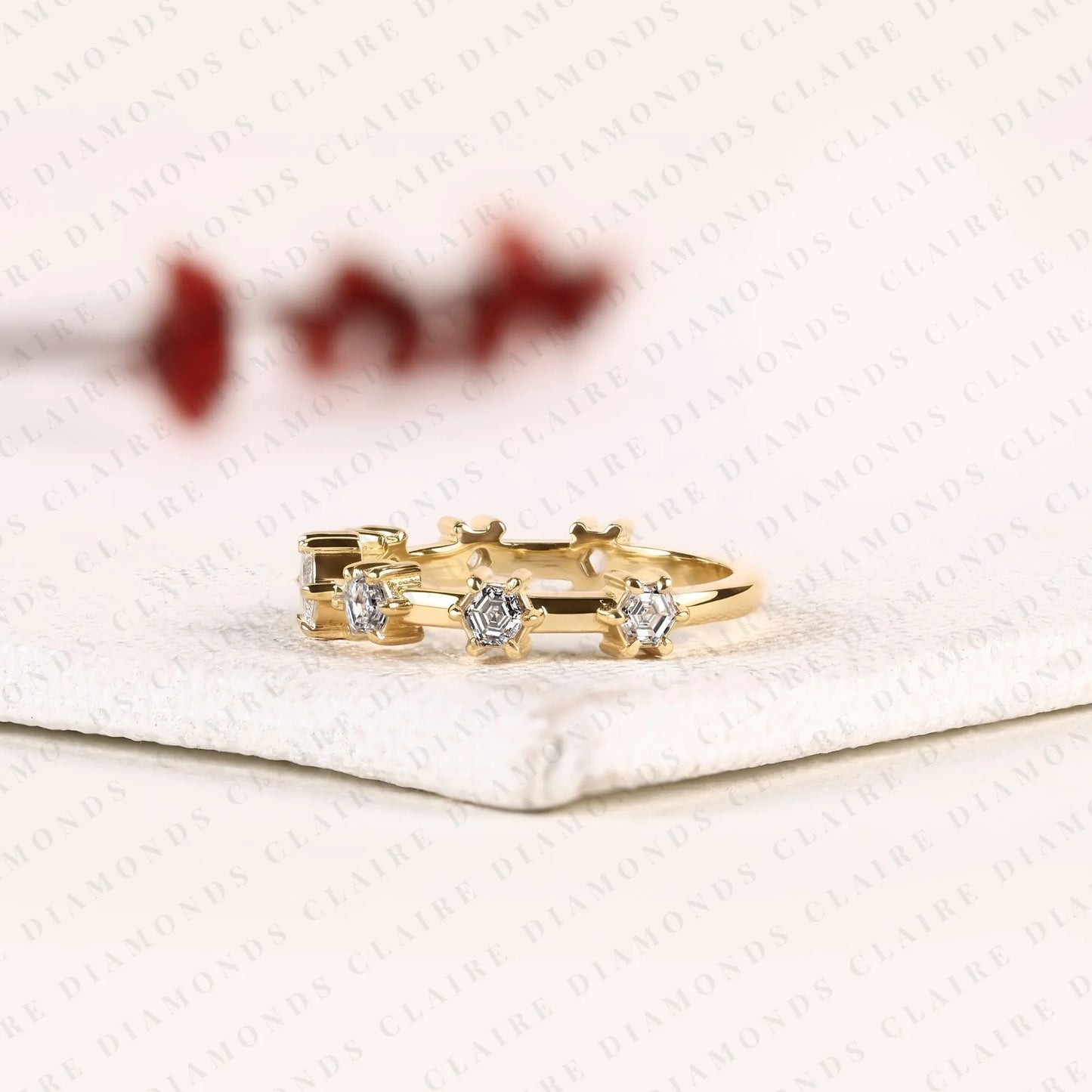 0.61 tcw octagon cut moissanite ring with round accent stones in solid gold | modern open band for women