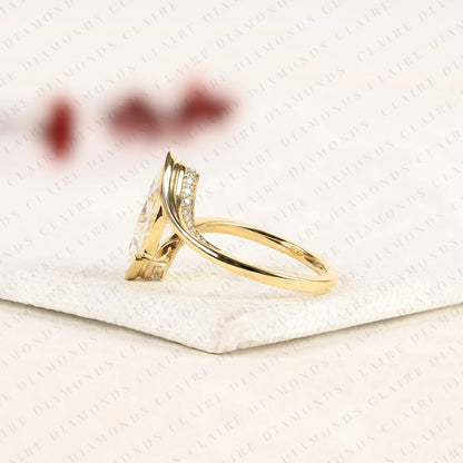Elegant Marquise Cut Lab Grown Diamond Bypass Engagement Ring in 14K Yellow Gold Modern Solitaire Bridal Ring
