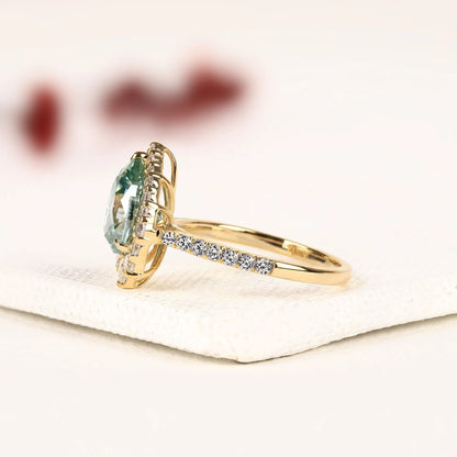 Blue Pear Cut Moissanite Diamond Halo Engagement Ring Vintage Inspired Pave Bridal Ring Unique Anniversary Ring for Women