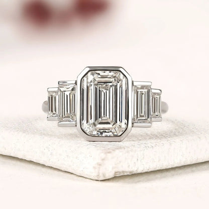 Emerald Cut Three Stone Lab Grown Diamond Engagement Ring Bezel Set Emerald Diamond Ring with Tapered Baguette Side Stones Luxury Bridal Ring
