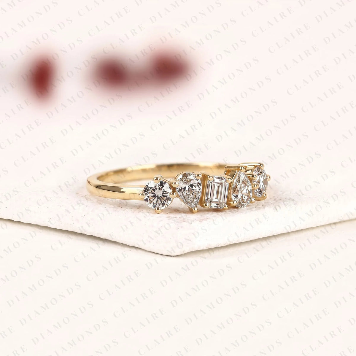 1.45 tcw round, emerald & pear cut lab grown diamond half eternity wedding band | mixed shape diamond statement ring | modern yellow gold bridal jewelry