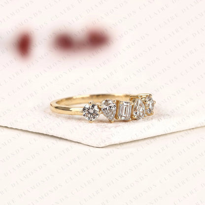 1.45 TCW Round, Emerald & Pear Cut Lab Grown Diamond Half Eternity Wedding Band | Mixed Shape Diamond Statement Ring | Modern Yellow Gold Bridal Jewelry
