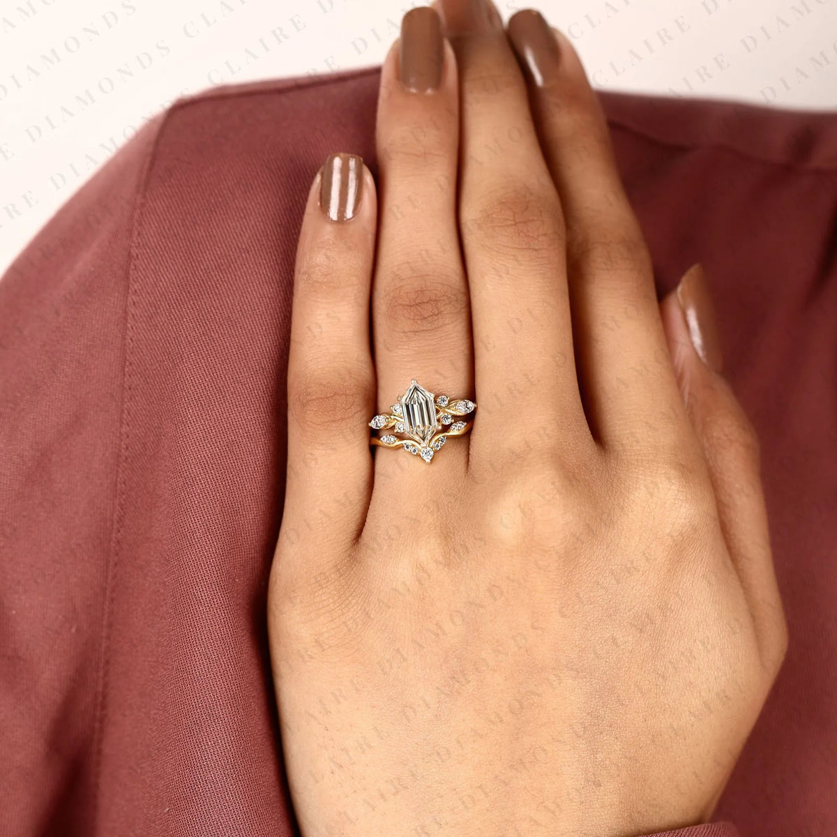 hexagon step cut lab grown diamond engagement ring | yellow gold botanical vine band | floral bridal ring set | unique wedding jewelry