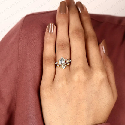 Hexagon Step Cut Lab Grown Diamond Engagement Ring | Yellow Gold Botanical Vine Band | Floral Bridal Ring Set | Unique Wedding Jewelry