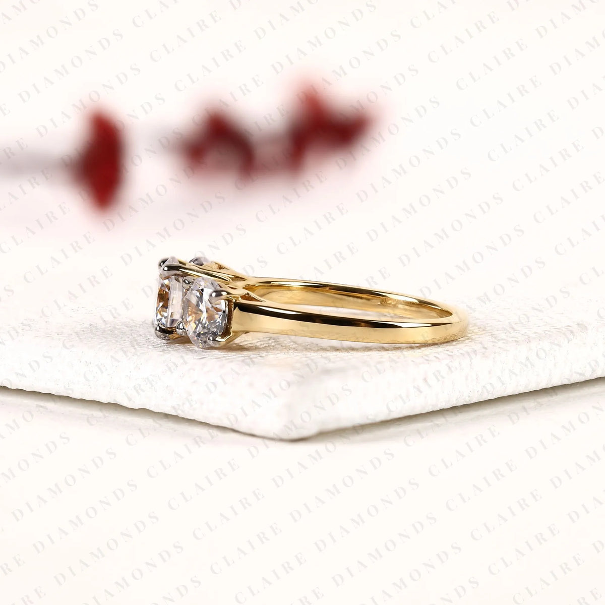 classic round cut lab grown diamond three stone engagement ring | yellow gold bridal ring | elegant wedding jewelry