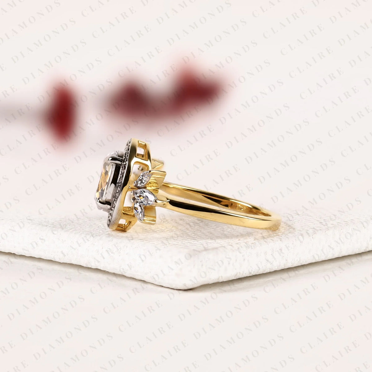 oval cut lab grown diamond halo engagement ring | floral leaf halo bridal ring | yellow gold nature inspired diamond ring | unique luxury engagement jewelry