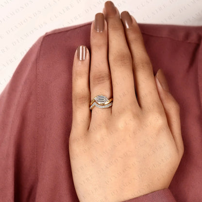 East-West Hexagon Cut Lab Grown Diamond Engagement Ring | Yellow Gold Bypass Pavé Band | Geometric Modern Bridal Ring Set | Unique Statement Jewelry