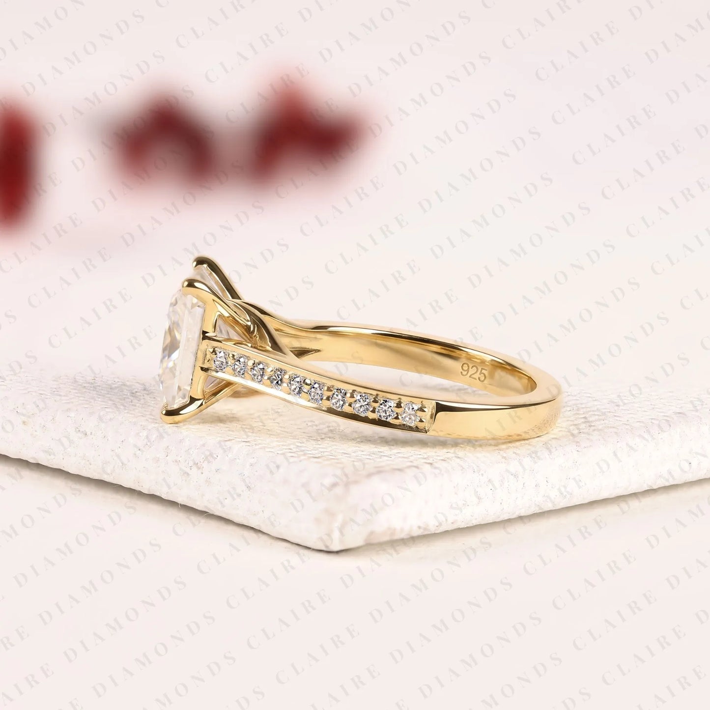 princess cut lab grown diamond engagement ring | classic yellow gold ring pave band