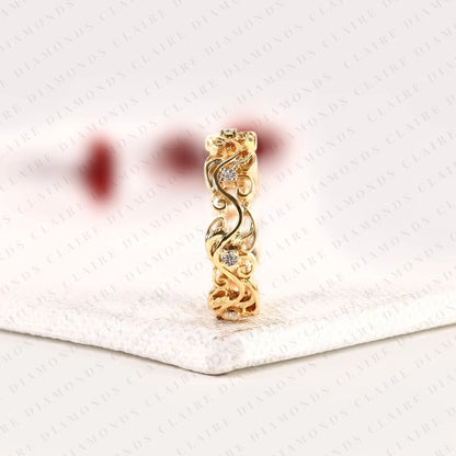 0.26 TCW Nature Inspired Round Cut Lab Grown Diamond Eternity Band, Floral Scroll Diamond Wedding Ring, Yellow Gold Botanical Anniversary Ring