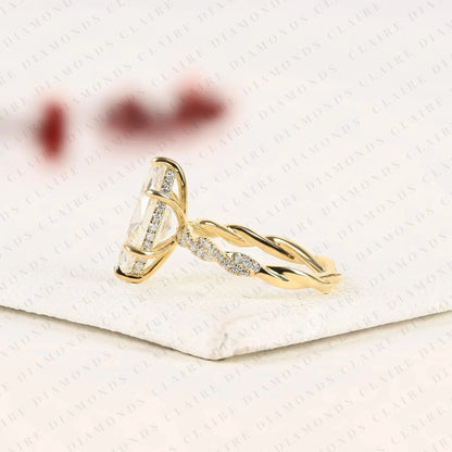 Vintage-Inspired Marquise Cut Moissanite Diamond Engagement Ring in Gold – Twisted Pavé Band Solitaire Ring