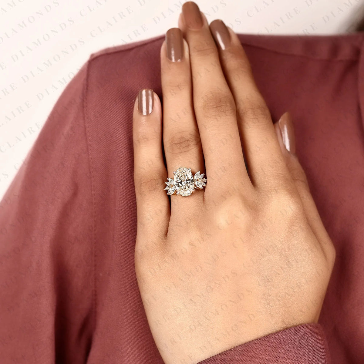 oval cut lab grown diamond engagement ring | floral cluster side stone ring | yellow gold nature inspired bridal jewelry | elegant statement wedding ring