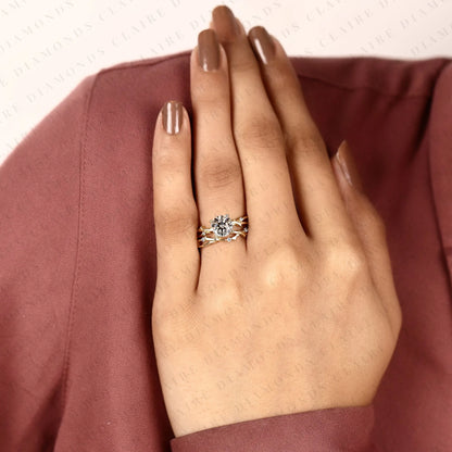 Round Cut Lab Grown Diamond Bridal Ring Set | Yellow Gold Botanical Vine Band | Nature Inspired Floral Bridal Ring | Unique Modern Wedding Jewelry