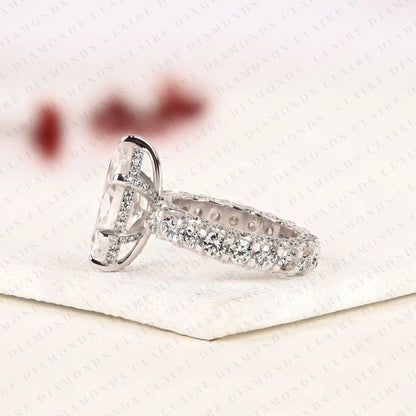 Marquise Cut Lab Grown Diamond Engagement Ring, Pavé Diamond Band, Elegant White Gold Bridal Ring, Unique Halo Ring