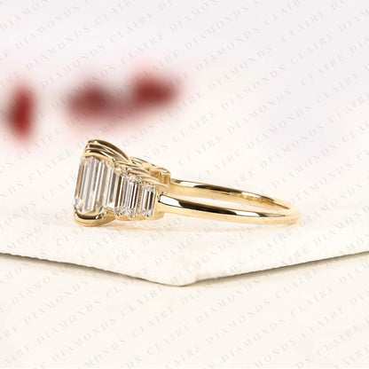 Emerald Cut Lab Grown Diamond Engagement Ring in Yellow Gold |Side Stone Baguette Diamond Wedding Ring | Luxury Anniversary Ring for Women