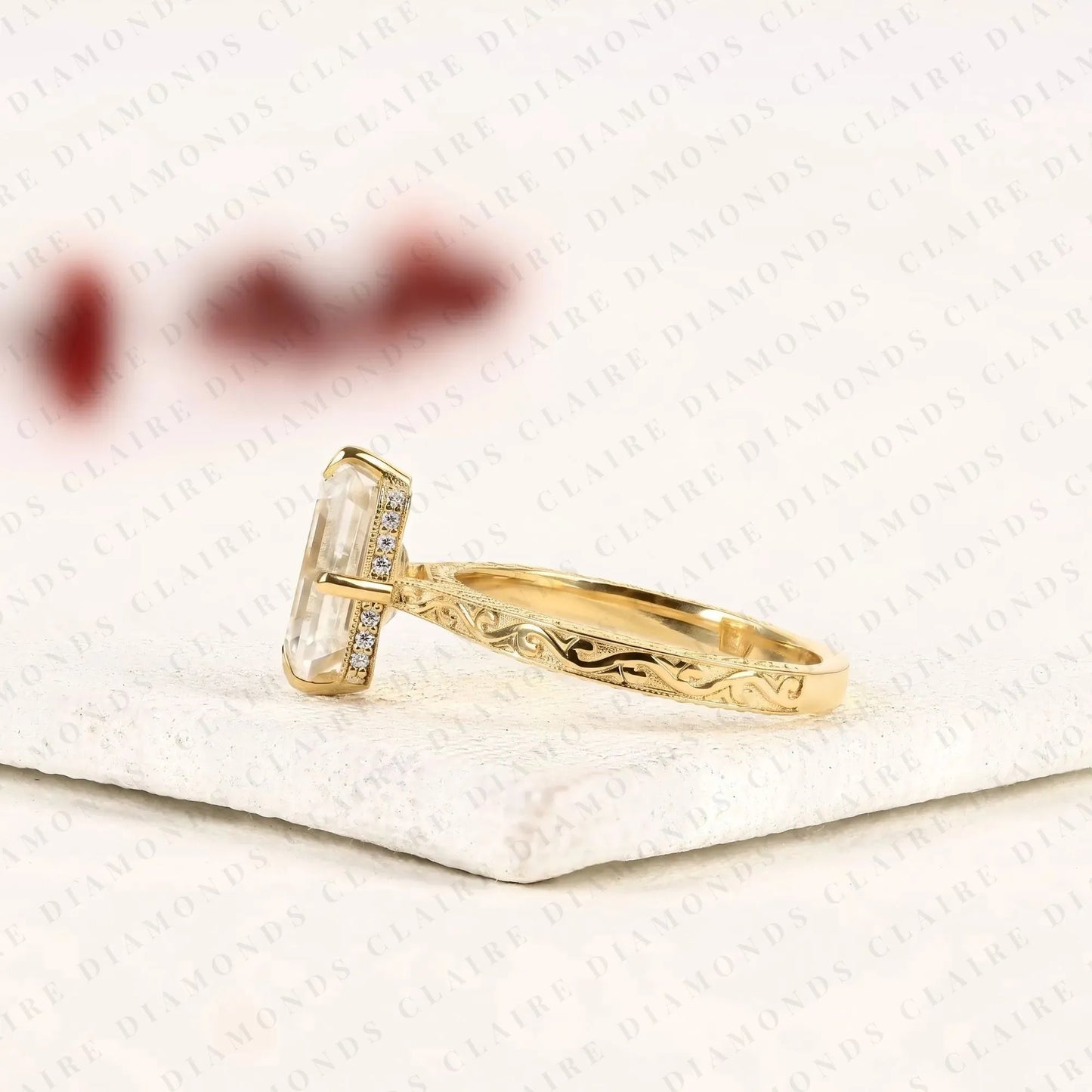 emerald cut moissanite diamond engagement ring, vintage engraved gold solitaire ring, unique bridal ring