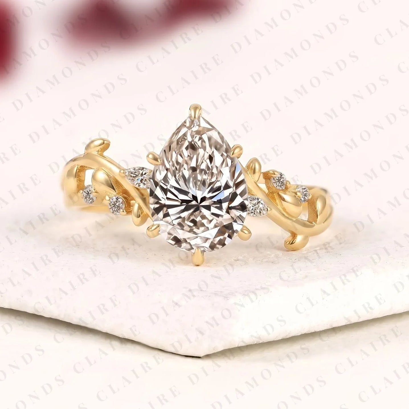 pear cut lab grown diamond engagement ring, nature inspired vine band, yellow gold floral bridal ring, unique wedding ring for women