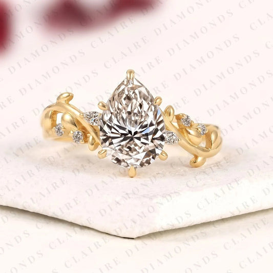 Pear Cut Lab Grown Diamond Engagement Ring, Nature Inspired Vine Band, Yellow Gold Floral Bridal Ring, Unique Wedding Ring for Women