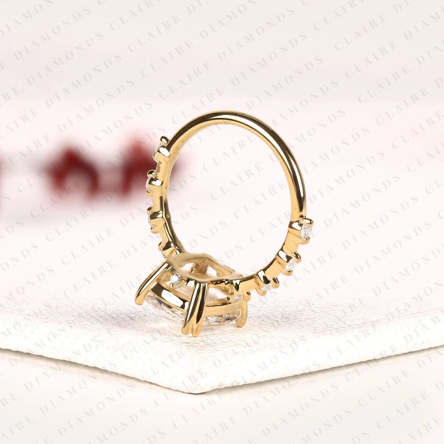 cushion rose cut lab grown diamond engagement ring | yellow gold beaded vine band with four-prong setting