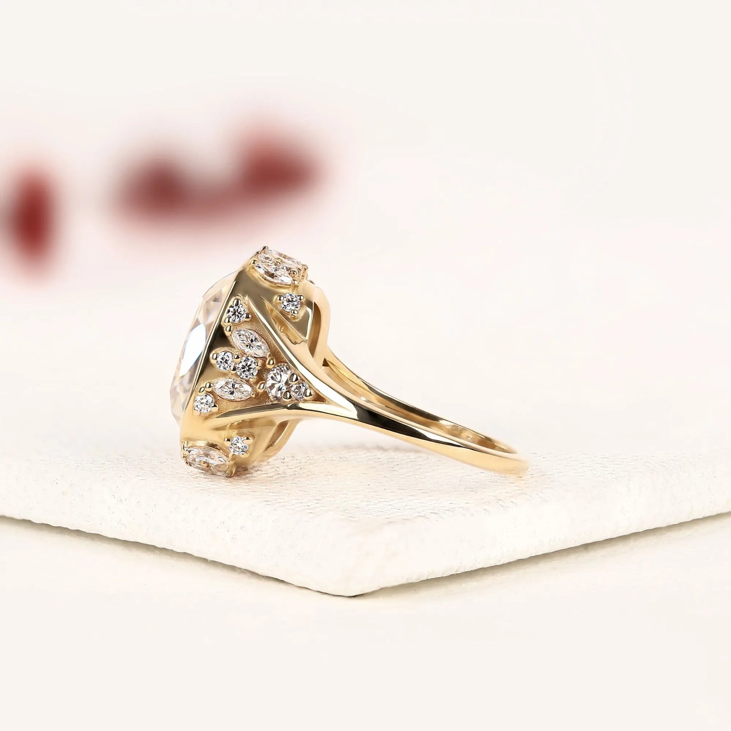 vintage elongated cushion cut moissanite diamond engagement ring | milgrain bezel set statement ring | unique gold anniversary ring for women.