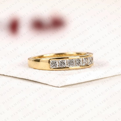 1.20 TCW Princess Cut Moissanite Diamond  Half Eternity Wedding Band | Channel Set Square Diamond Yellow Gold Wedding Ring | Modern Eternity Anniversary Band | Timeless Bridal Jewelry