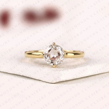 Round Rose Cut Lab Grown Diamond Engagement Ring | Yellow Gold Minimalist Bridal Ring | Flush Setting Ring Wedding | Jewelry