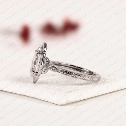 Marquise Cut Lab Grown Diamond Engagement Ring | Vintage Inspired Milgrain Bezel & Engraved White Gold Ring | Floral Diamond Accent Bridal Ring