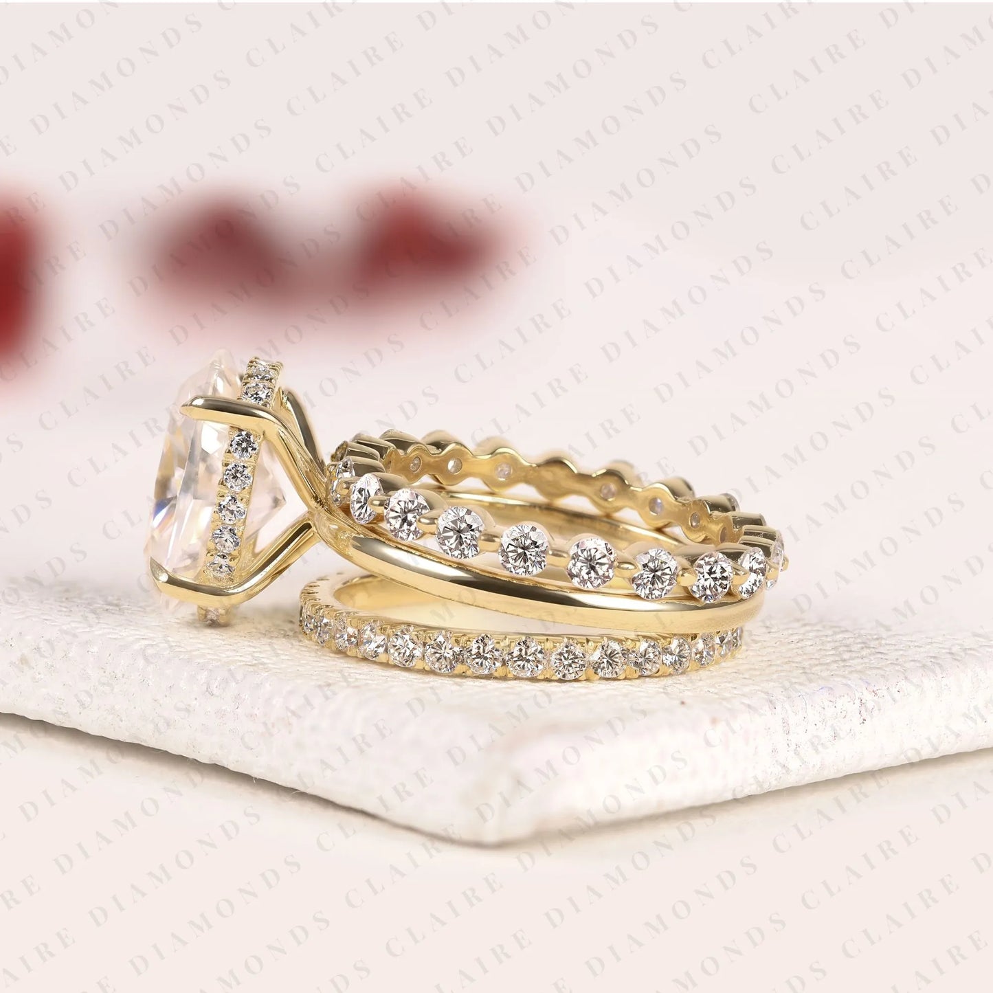 oval lab grown diamond engagement ring set with diamond eternity & bubble band in yellow gold