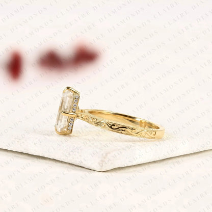 Emerald Cut Lab Grown Diamond Engagement Ring, Vintage Engraved Gold Solitaire Ring, IGI Certified Diamond Ring, Unique Bridal Ring