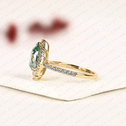 Blue Pear Cut Moissanite Diamond Halo Engagement Ring Vintage Inspired Pave Bridal Ring Unique Anniversary Ring for Women