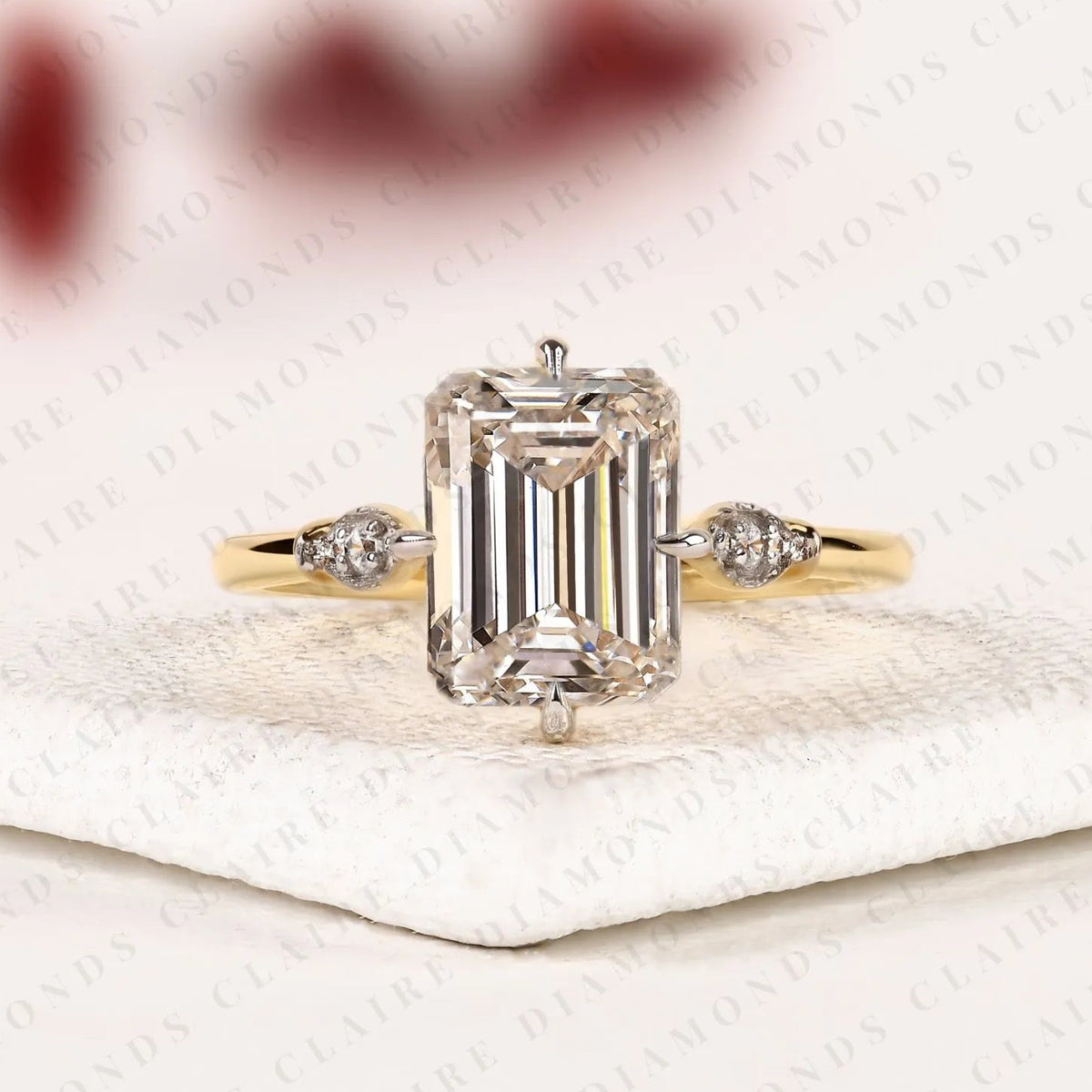 emerald cut lab grown diamond engagement ring, gold solitaire ring with round shaped side accents, modern bridal ring, unique wedding ring