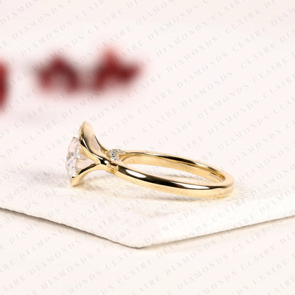Oval Cut Lab Grown Diamond Hidden Halo Ring Engagement Ring, Yellow Gold, East West Ring, Half Bezel Solitaire Wedding Ring