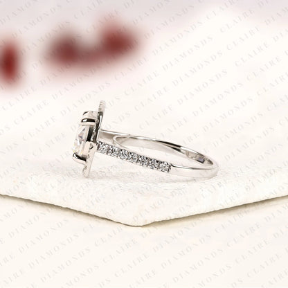 Round Cut Lab Grown Diamond Halo Engagement Ring in White Gold | Vintage Cushion Halo Wedding Ring | Pave Anniversary Ring for Women