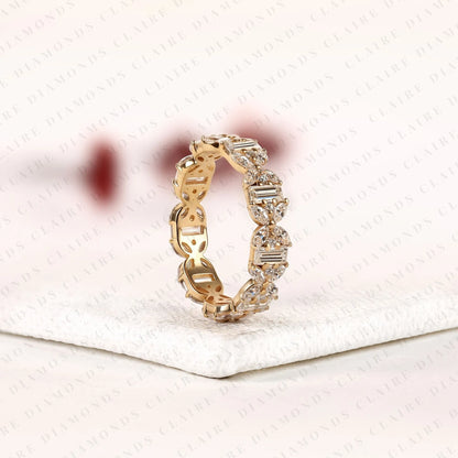 2.76 TCW Mixed Shape Lab Grown Diamond Eternity Band | Emerald Cut, Marquise & Round Diamond Floral Band | Yellow Gold Full Eternity Wedding Band