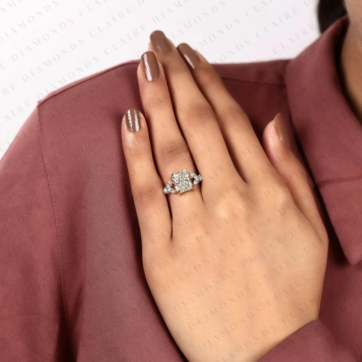 radiant cut lab grown diamond engagement ring | marquise & round diamond accents | sculpted yellow gold split shank bridal ring | modern luxury statement jewelry