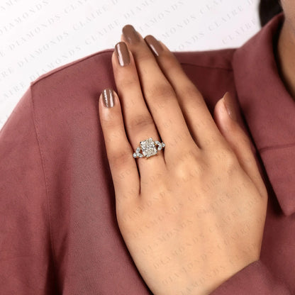 Radiant Cut Lab Grown Diamond Engagement Ring | Marquise & Round Diamond Accents | Sculpted Yellow Gold Split Shank Bridal Ring | Modern Luxury Statement Jewelry