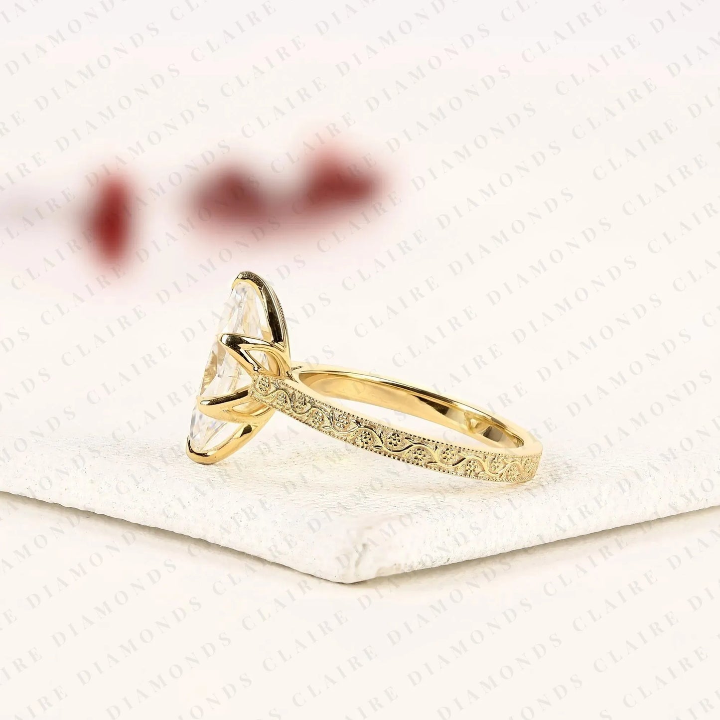 marquise cut lab grown diamond engagement ring, vintage engraved gold solitaire ring, igi certified diamond ring, unique bridal jewelry