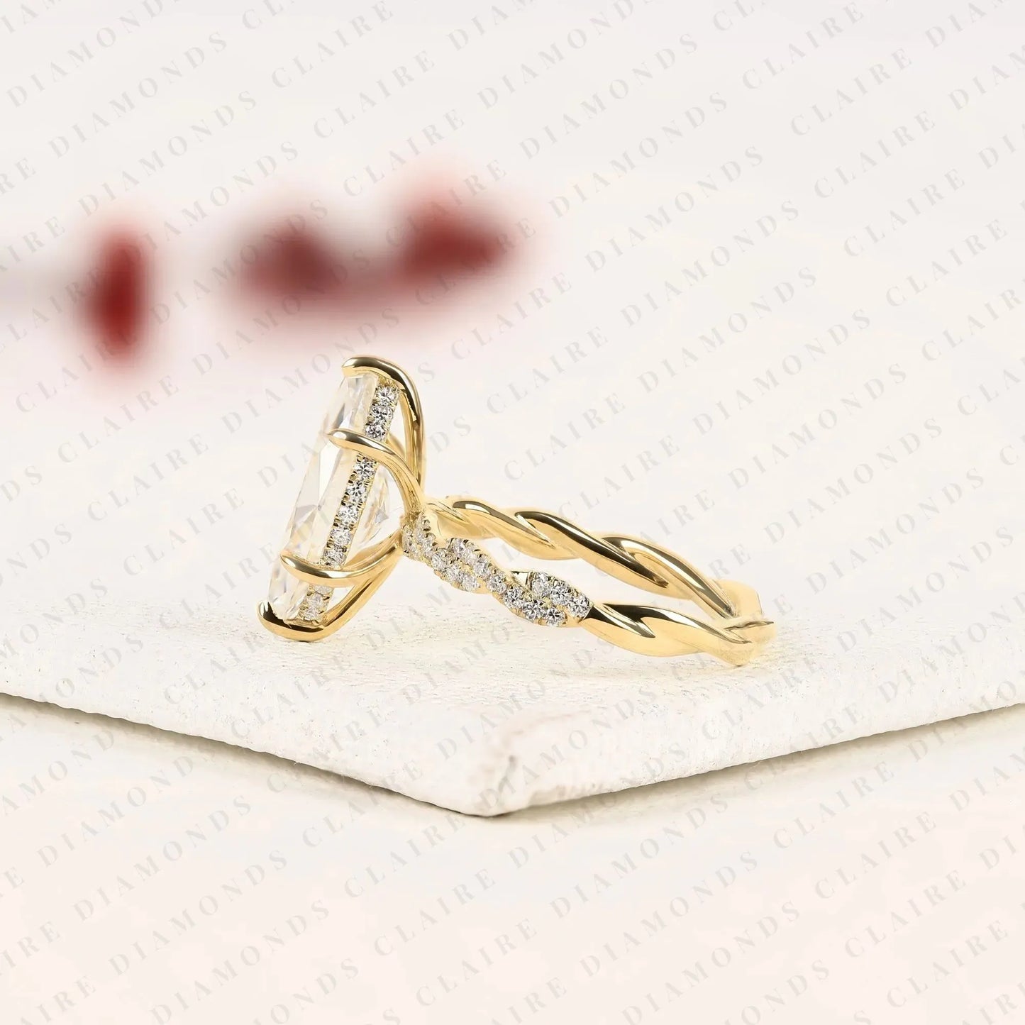 vintage-inspired marquise cut lab grown diamond engagement ring in gold – twisted pavé band solitaire ring