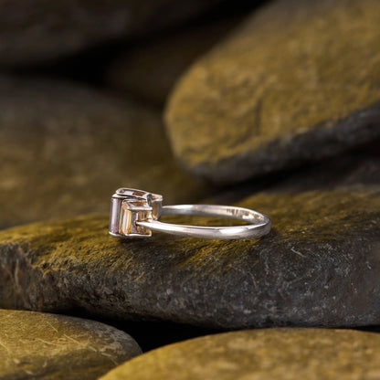 Elegant Emerald Cut Pink & Champagne Yellow Moissanite Diamond Three Stone Engagement Ring in Gold