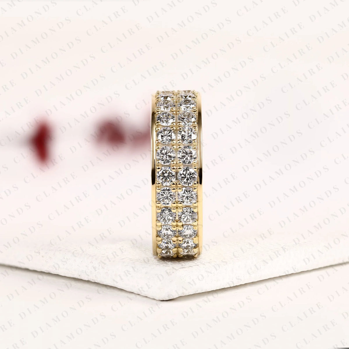 round cut lab grown diamond eternity wedding band | double row pave diamond wedding ring | yellow gold full eternity anniversary band | luxury jewelry