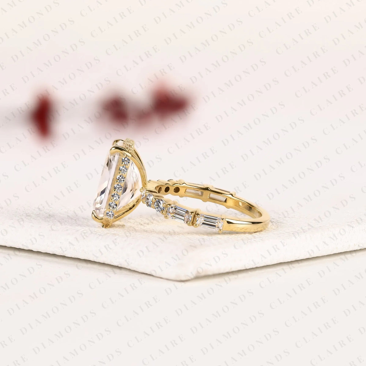 emerald cut lab grown diamond engagement ring | yellow gold pavé side stone ring | elegant modern bridal jewelry